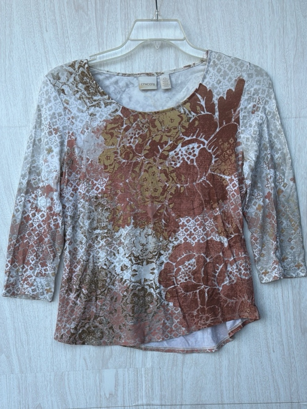 Chico's Rust, Gold and Cream Floral Scoop Neck Long Sleeve Top